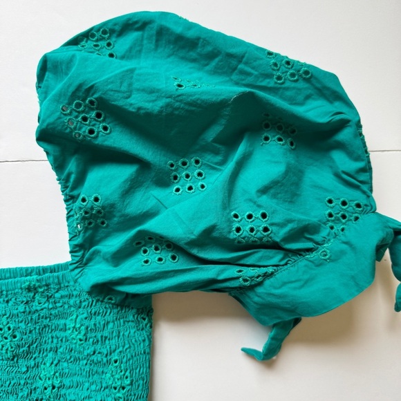 Zara Smocked Cropped Top Eyelet Ruffle Trim Green Puff Sleeve Boho Square Sz XS - Picture 11 of 14